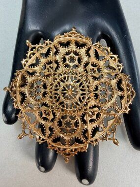 Monet Collection Gold Tone Filigree Medallion Brooch Statement Pin Oversized